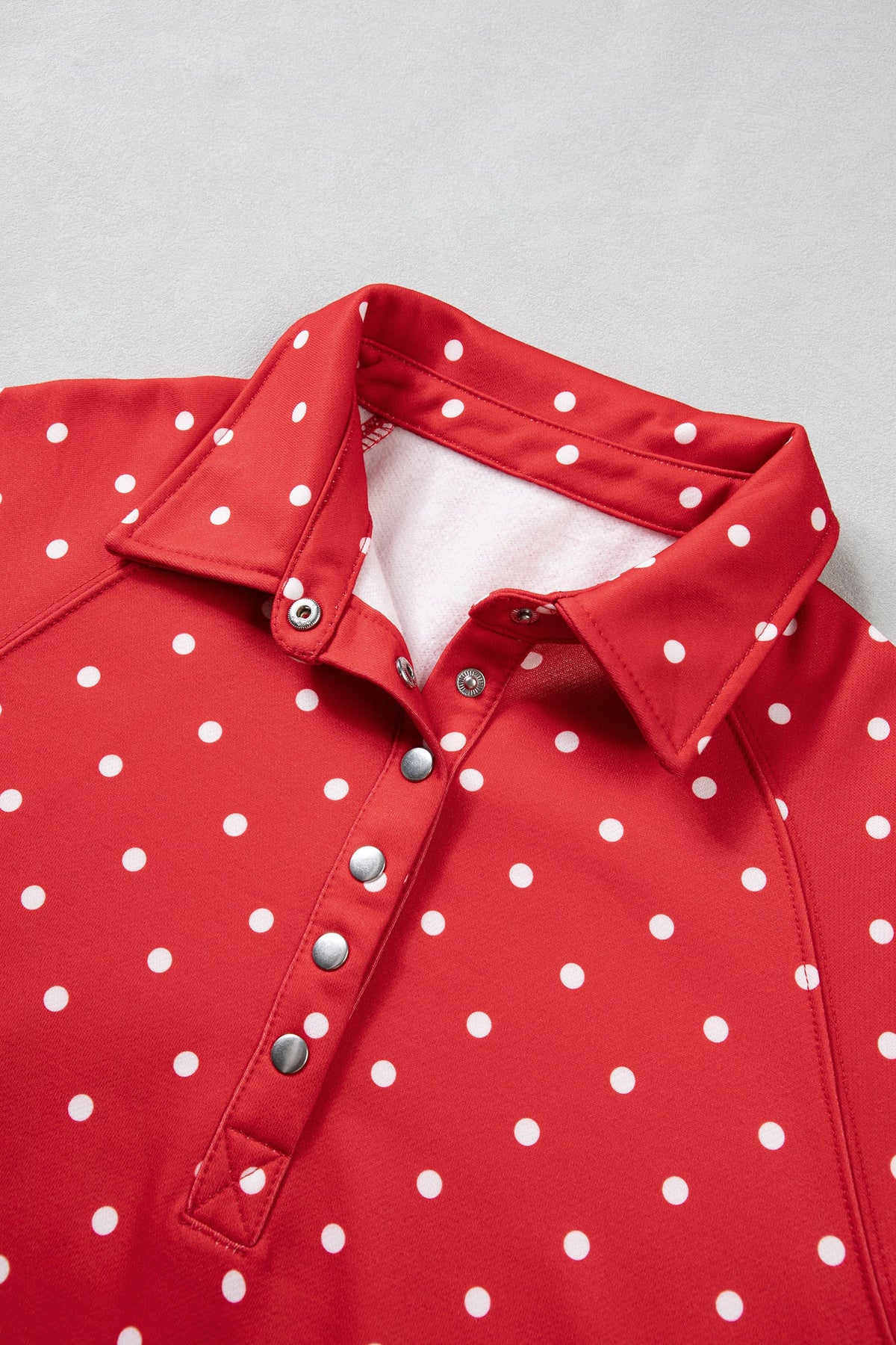 Red Polka Dot Print Metal Button Collar Casual Pullover Sweatshirt