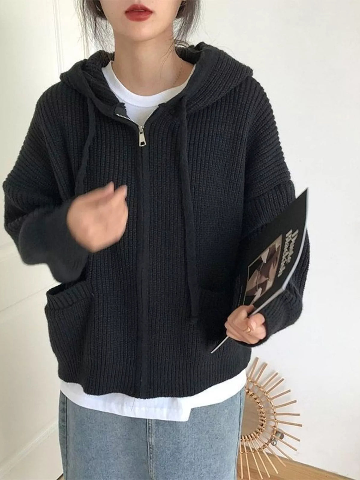 Casual Knitted Zip-Up Hooded Cardigan