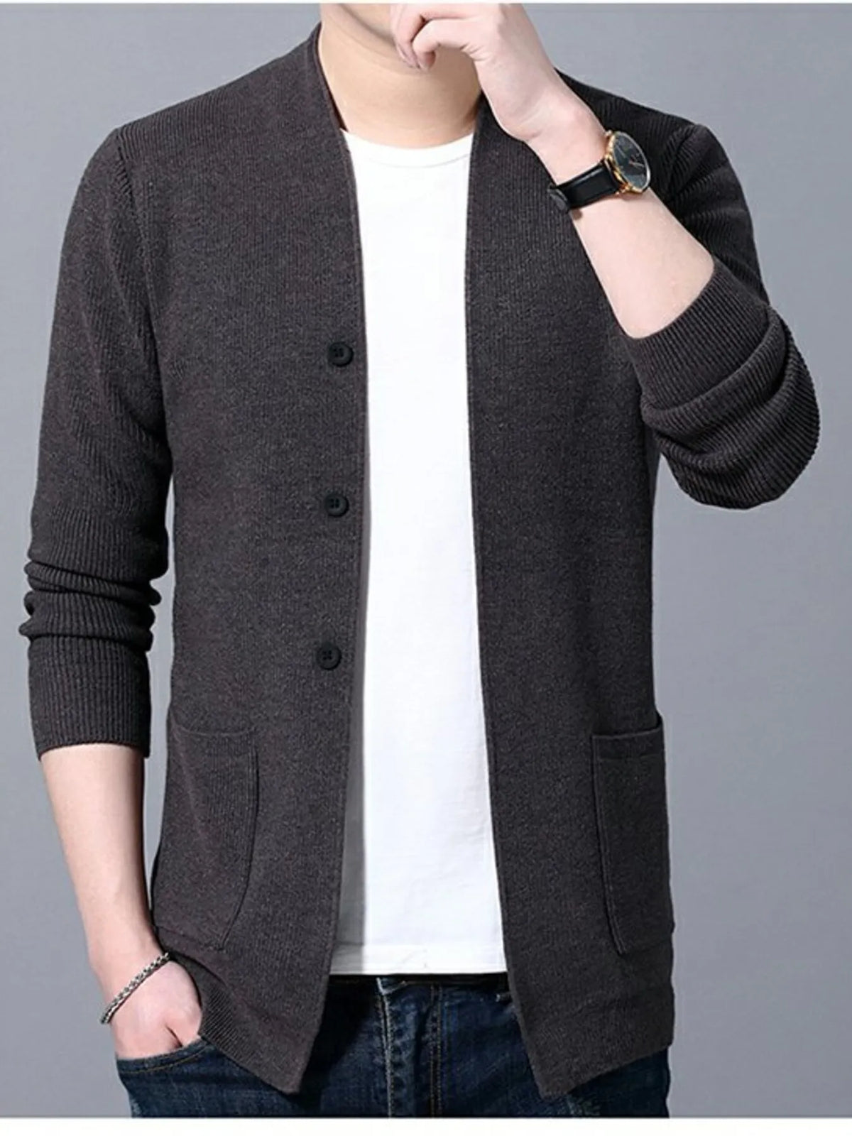 Men's Plus Size Long Sleeve Cardigan with Pockets