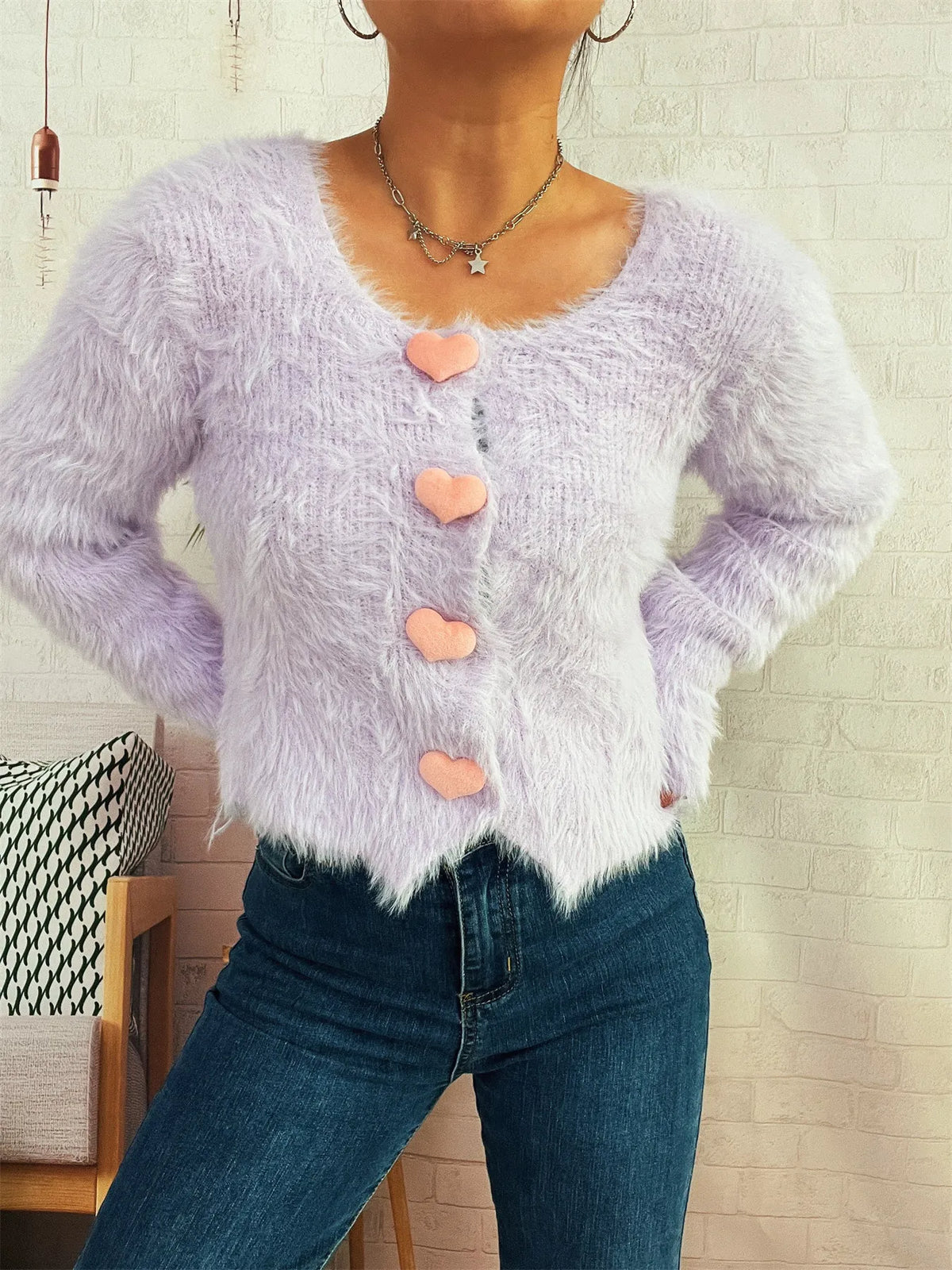 Fuzzy Heart Shape Button-Up Cardigan
