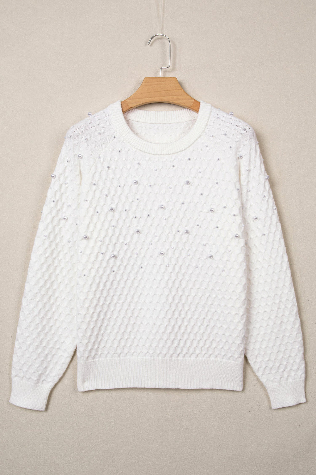 White Solid Textured Knit Pearl Embellished Pullover Sweater