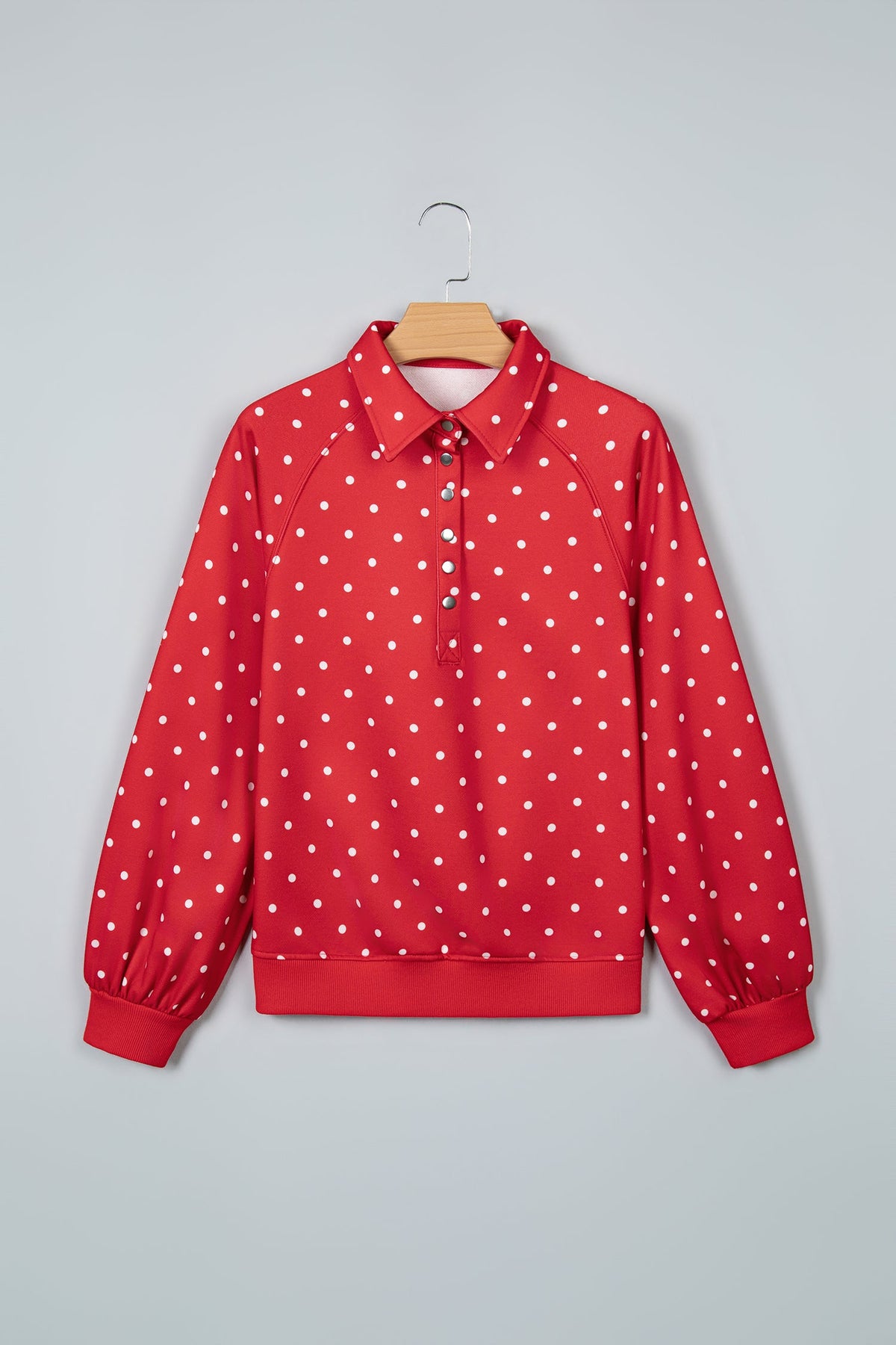 Red Polka Dot Print Metal Button Collar Casual Pullover Sweatshirt