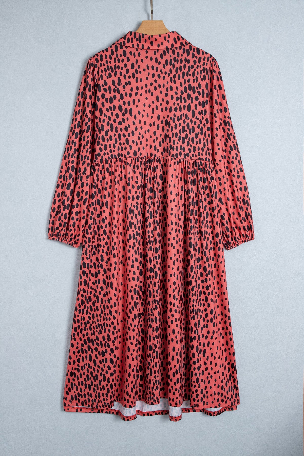 Red Leopard Print Long Sleeve V Neck Plus Size Midi Dress