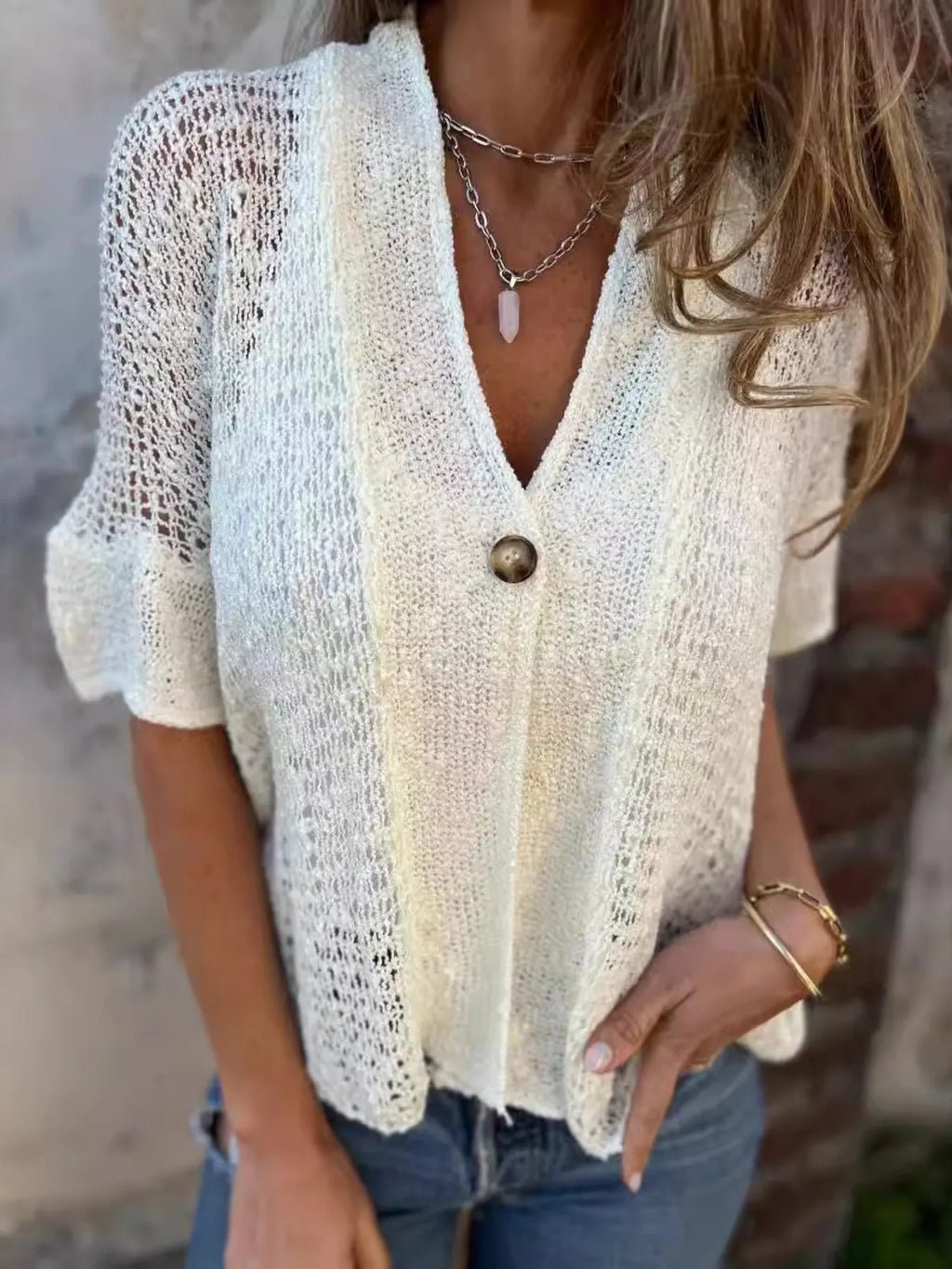 Full Size One Button Half Sleeve Cardigan Plus Size