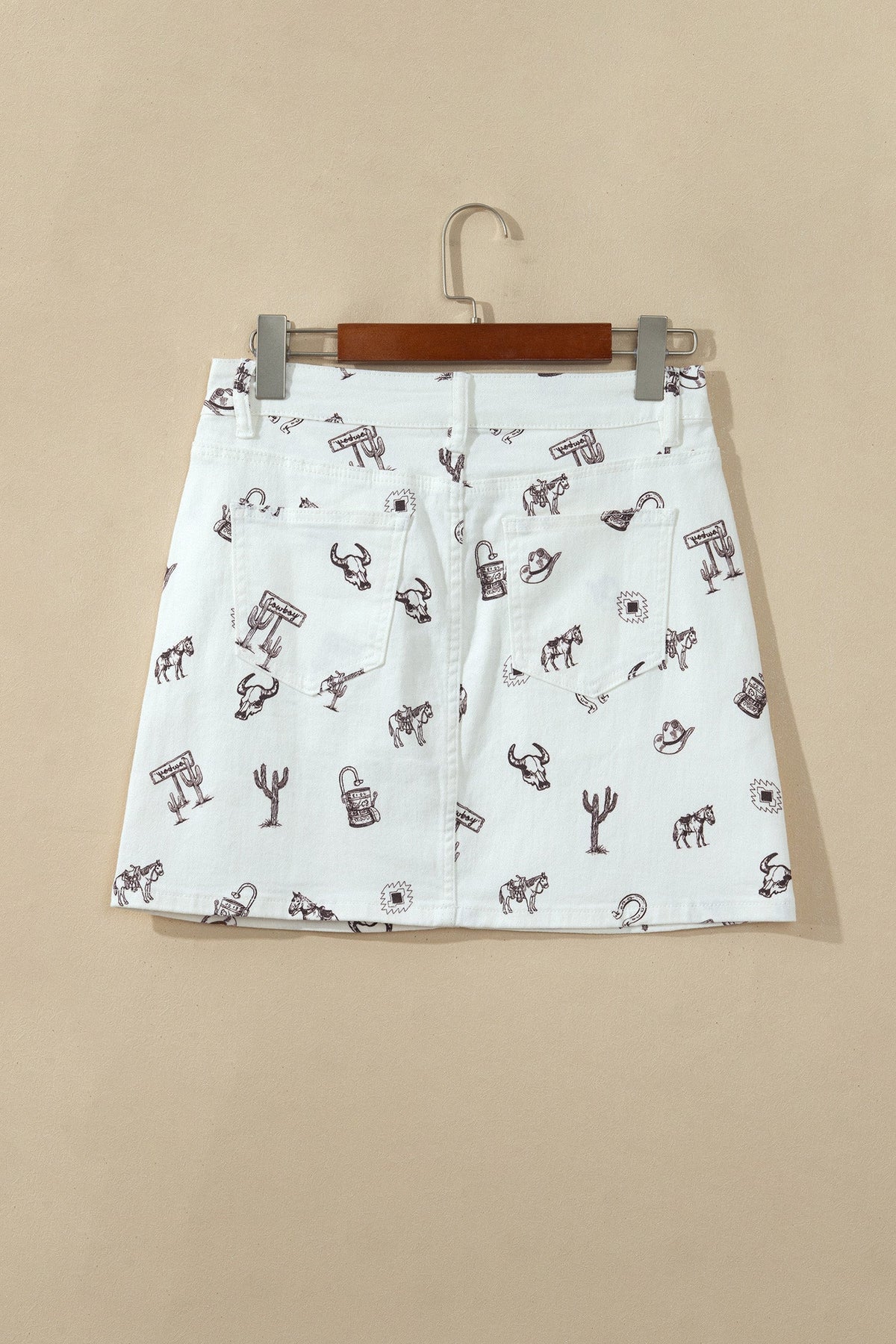 White Western Print Cactus Horse Bull Denim Skirt
