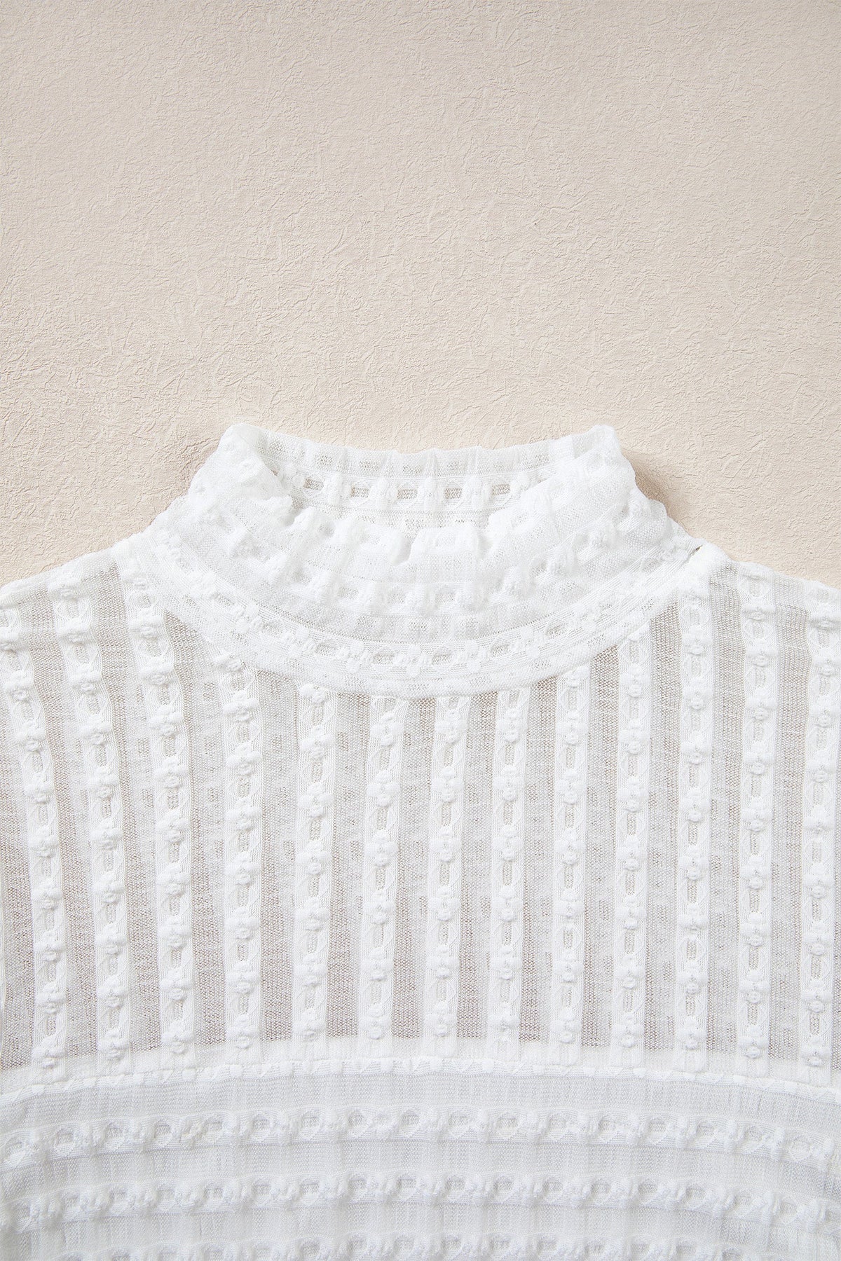 Beige Textured Sheer Lace High Neck Long Sleeve Top