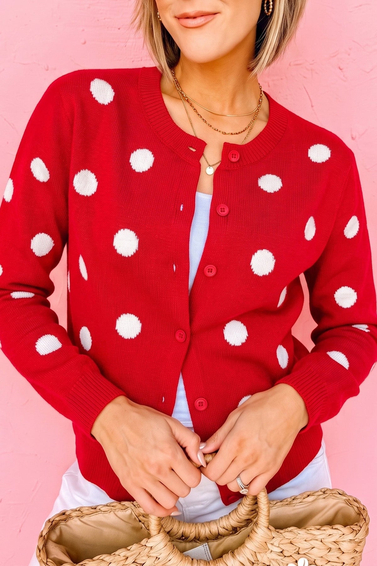 Fiery Red Casual Polka Dot Button Front Long Sleeve Sweater Cardigan