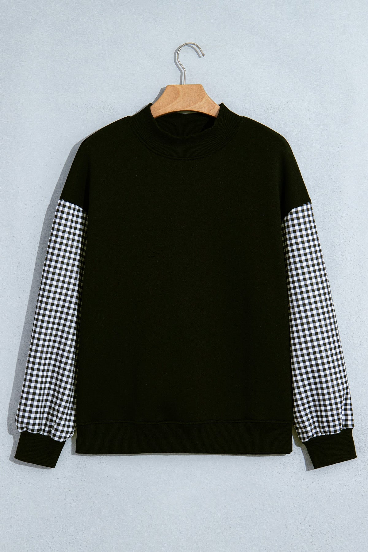 Dirty blue Plaid Sleeve Colorblock Loose Tunic Sweatshirt