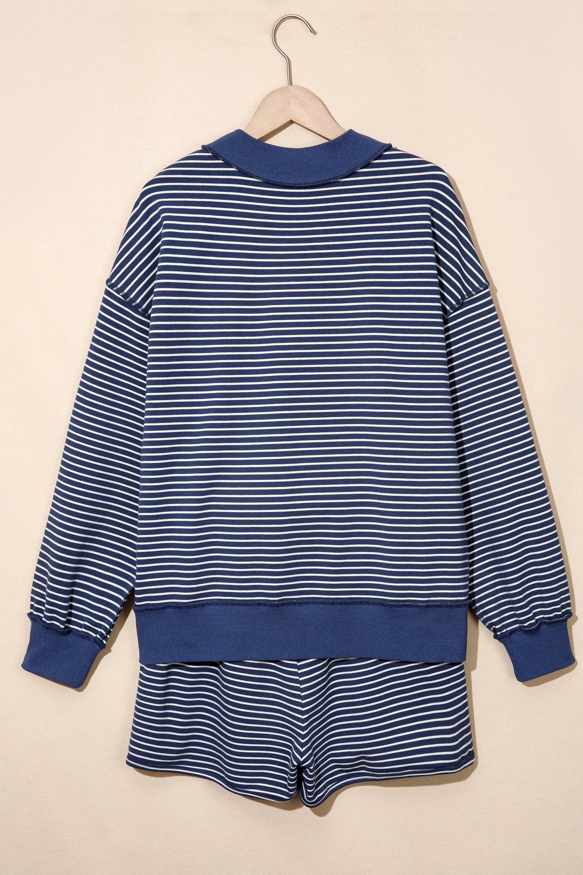 Blue Stripe Ribbed Patchwork Mock Neck Baggy Pullover Matching Shorts Set
