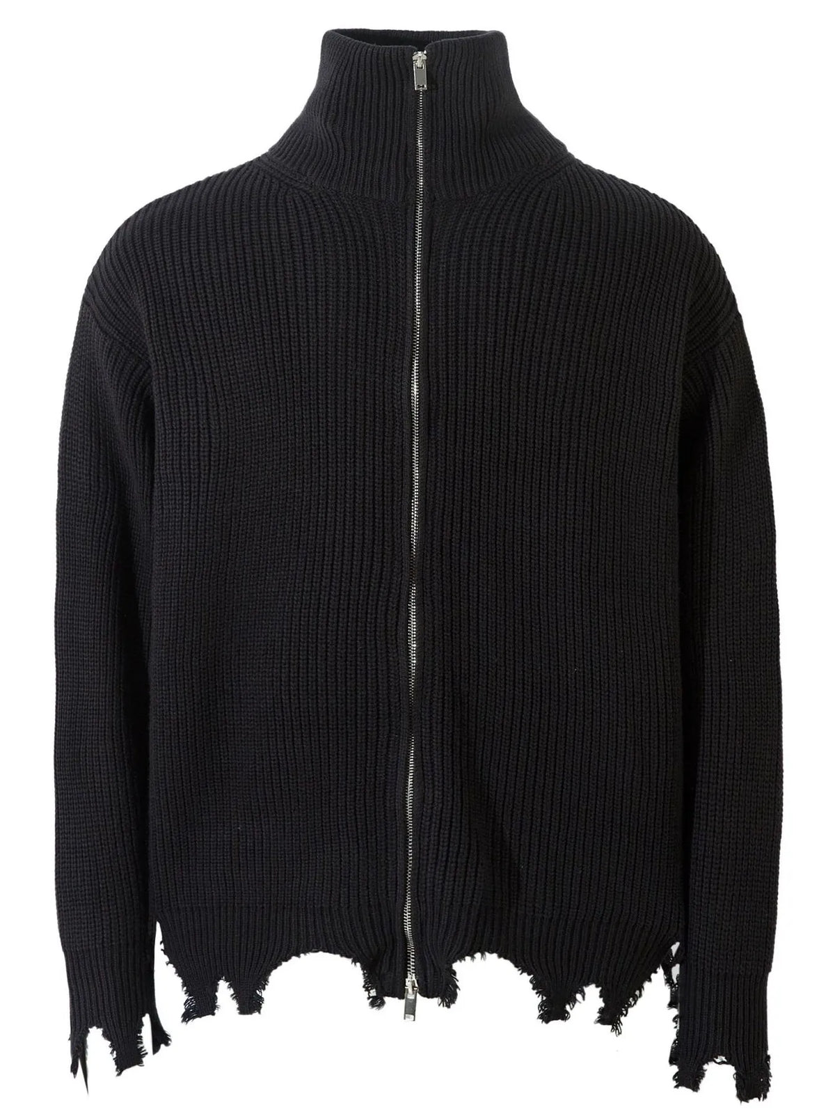 Men's Distressed Hem Ribbed Knit Zip-Up Cardigan