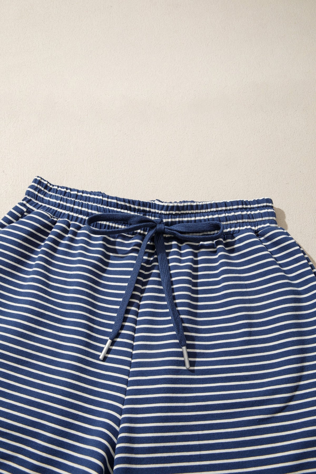 Blue Stripe Ribbed Patchwork Mock Neck Baggy Pullover Matching Shorts Set