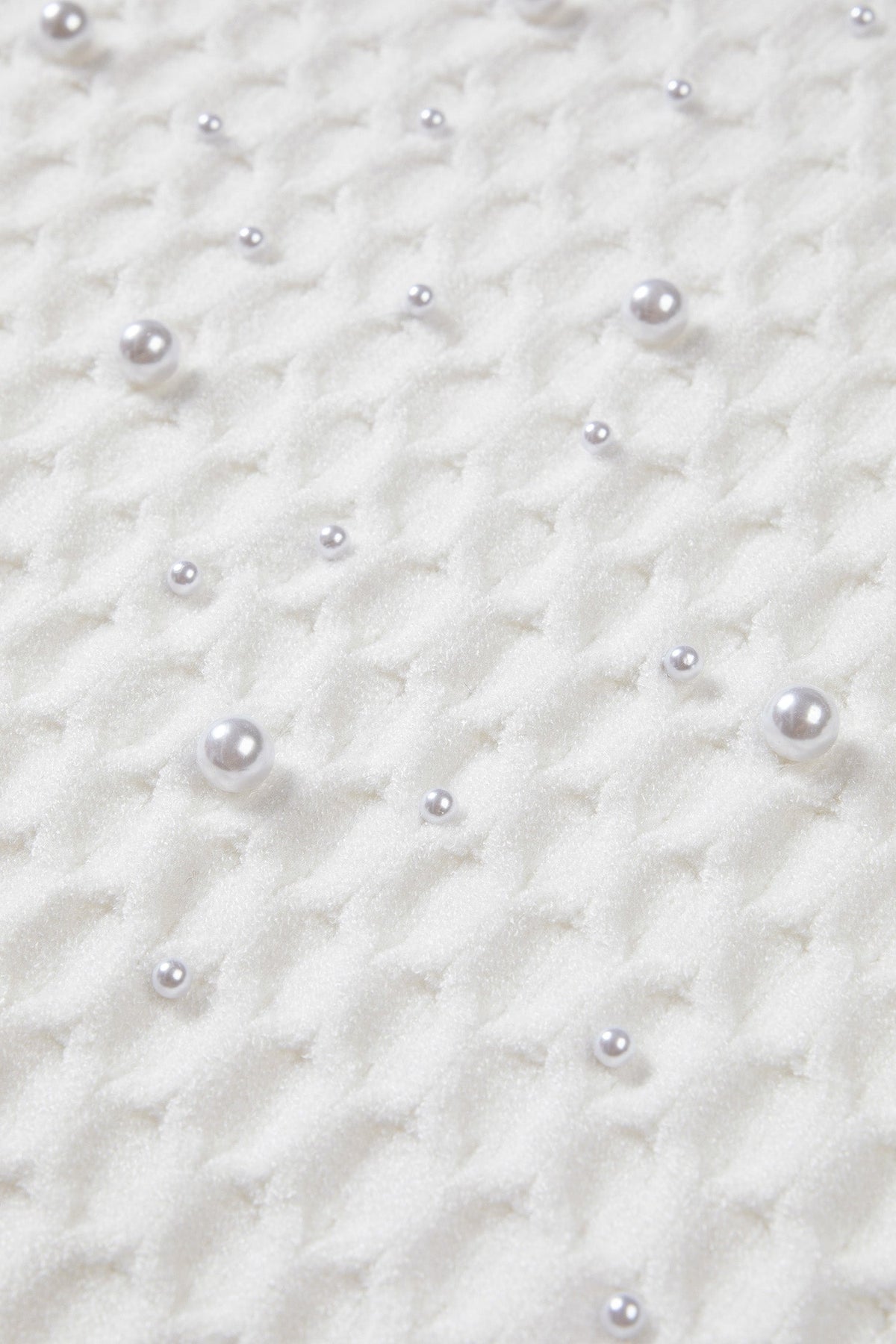 White Solid Textured Knit Pearl Embellished Pullover Sweater