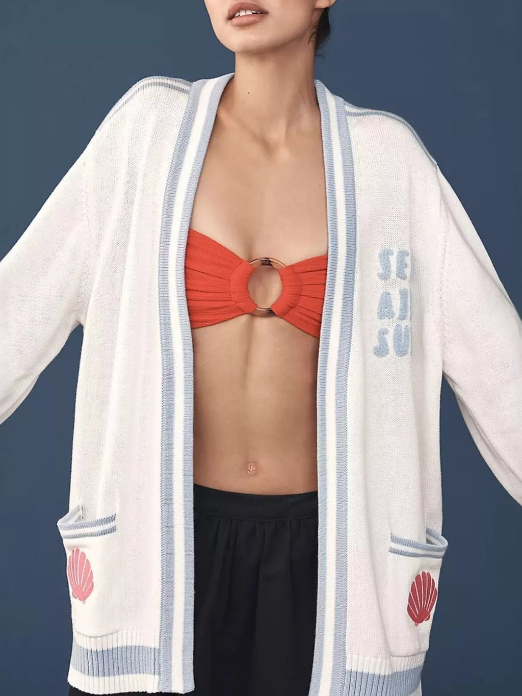 Seashell Embroidered Open Front Cardigan