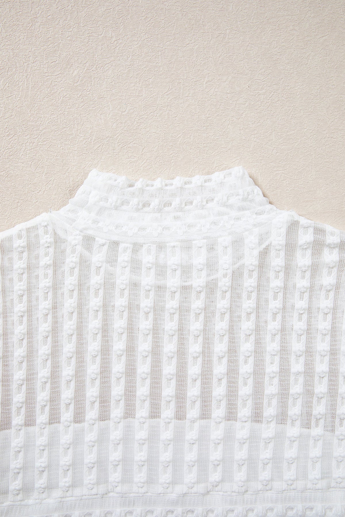 Beige Textured Sheer Lace High Neck Long Sleeve Top