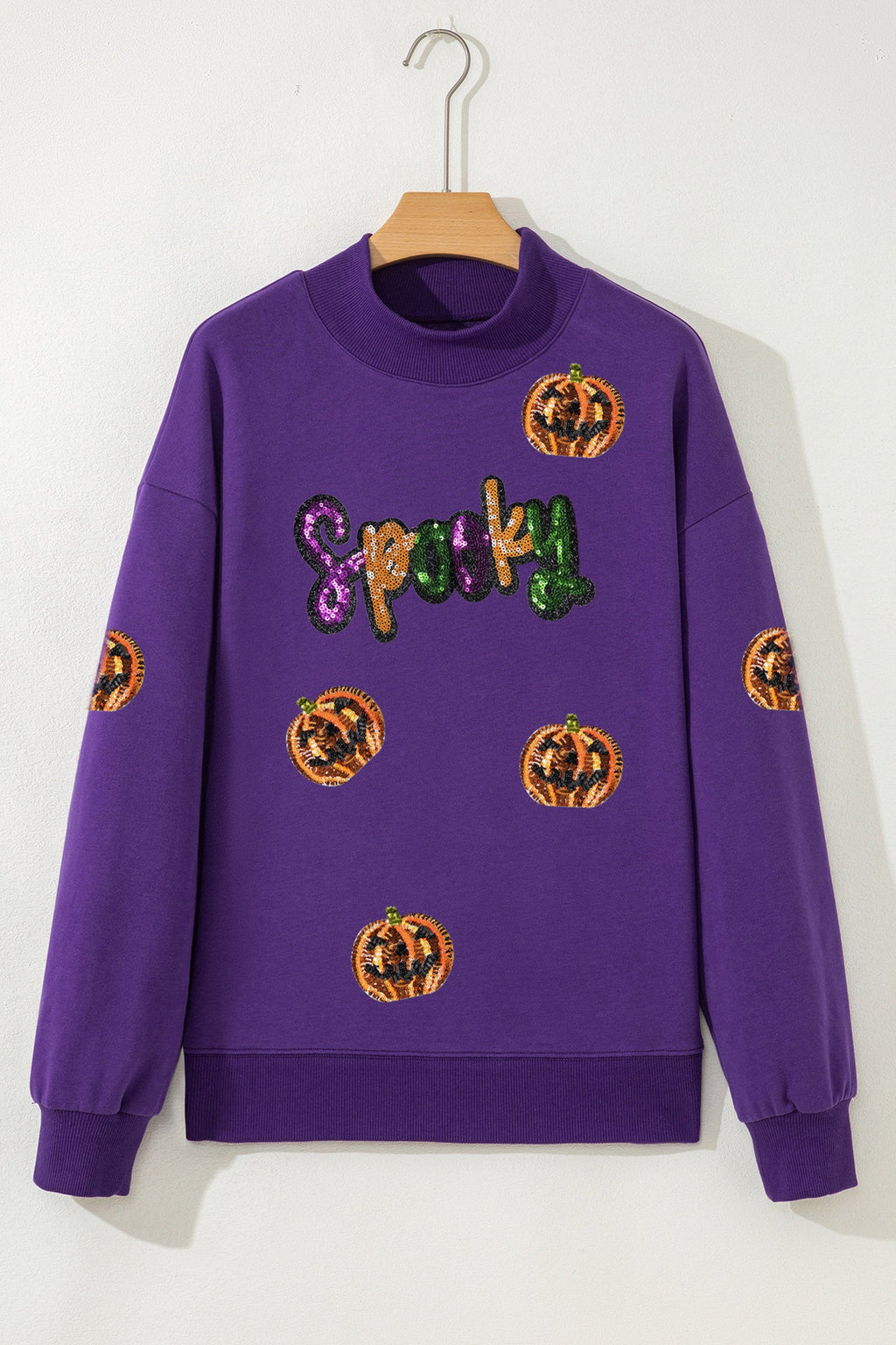 Tillandsia Purple Sequin Pumpkin Spooky Graphic Halloween Pullover Sweatshirt